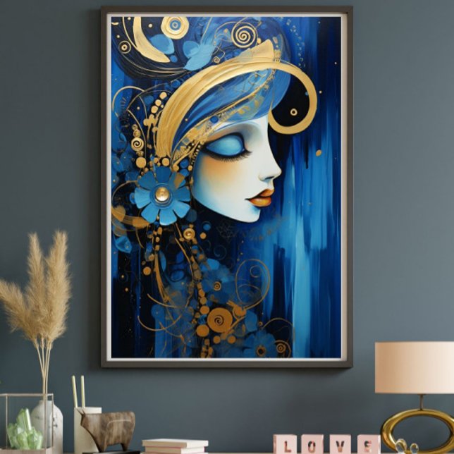 Azure Empress – Blue and Gold Art Deco Woman Canvastryck (Skapare uppladdad)