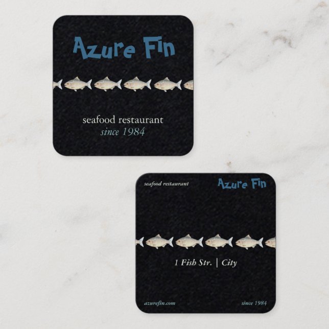 Azure Fin Elegant Black Coastal Seafood Restaurant Fyrkantigt Visitkort (Fram/baksida)