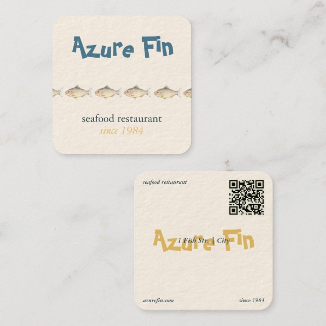 Azure Fin Elegant Fish Restaurant Logotyp Fyrkantigt Visitkort (Fram/baksida)