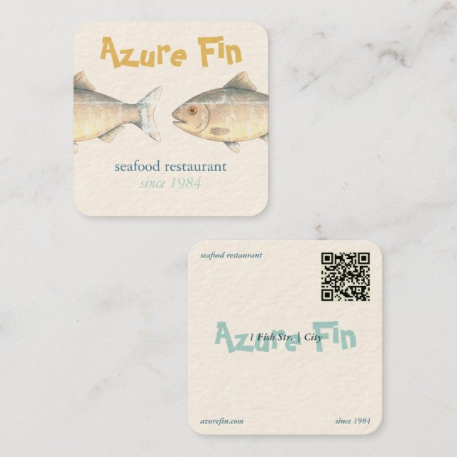 Azure Fin Elegant Fish Restaurant Logotyp Fyrkantigt Visitkort (Fram/baksida)