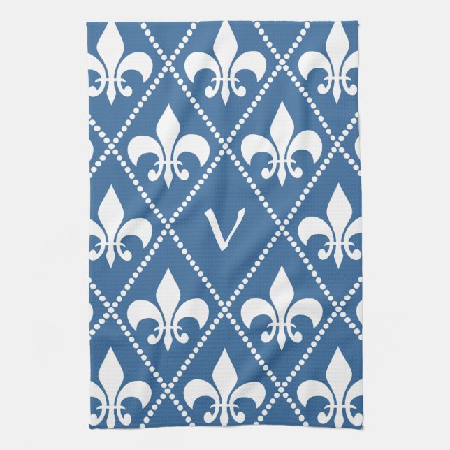 Azure Fleur de Lis med inledande monogram Kökshandduk (Vertikal)