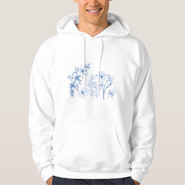Azure Floral Line Art Print Hoodie (Framsida)