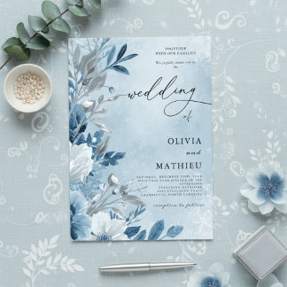 Azure Frost Leafy Romantik Bröllop Inbjudningar