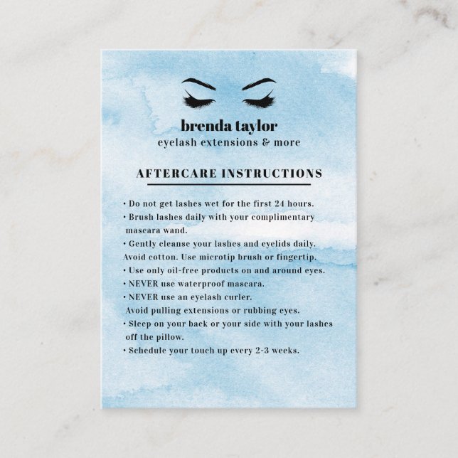 Azure Glam Eyelash Browbar Aftercare Instructions Visitkort (Framsida)