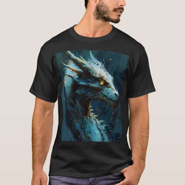 Azure Guardian: Fierce Dragon Art T Shirt (Framsida)