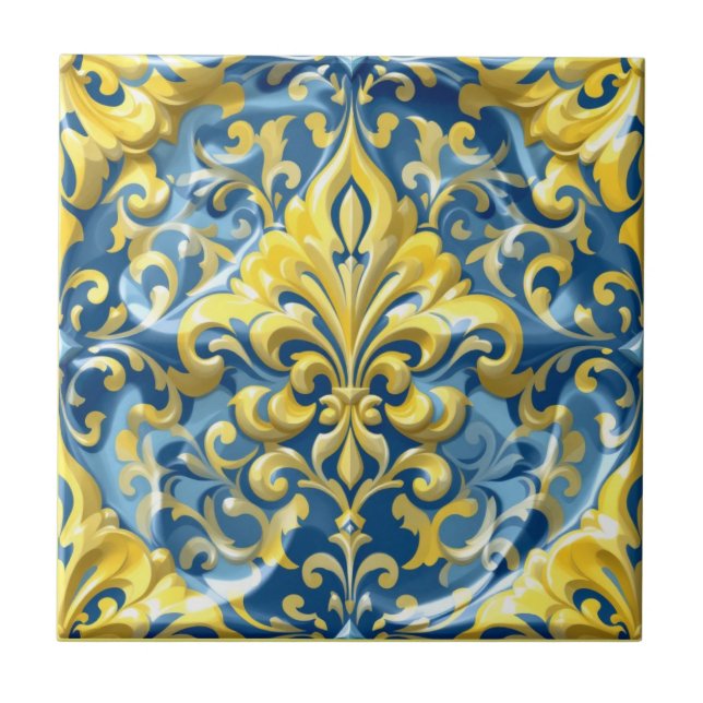 Azure Guld Damask Kakelplatta (Framsidan)