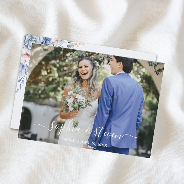Azure & Ivory Floral Romance Wedding  Tack Kort (Skapare uppladdad)