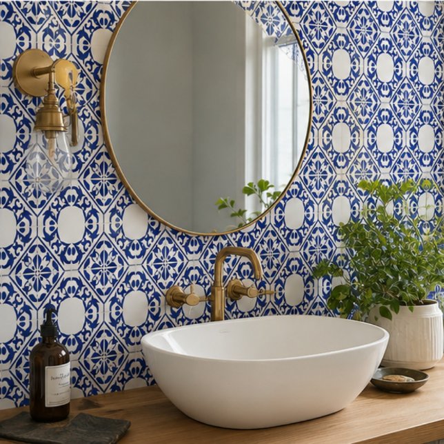 Azure Lattice Blue Geometric Floral Mediterranean Kakelplatta (Skapare uppladdad)