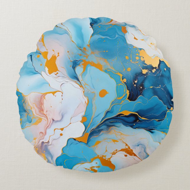 Azure Marble with Golden Splashes Rund Kudde (Framsidan)