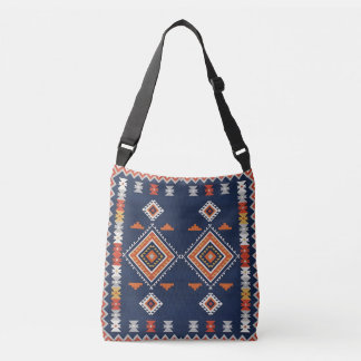 Azure Navy and Terracotta Geometric Tribal Axelväska