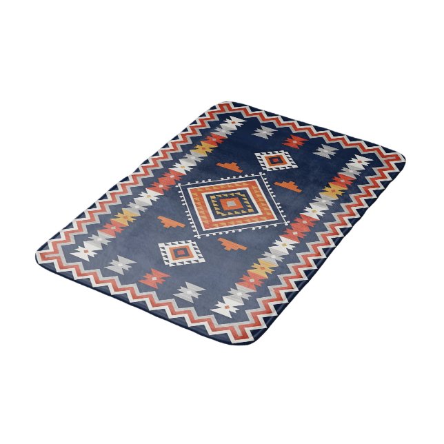 Azure Navy and Terracotta Geometric Tribal Badrumsmatta (Vinklad)
