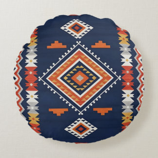 Azure Navy and Terracotta Geometric Tribal  Rund Kudde