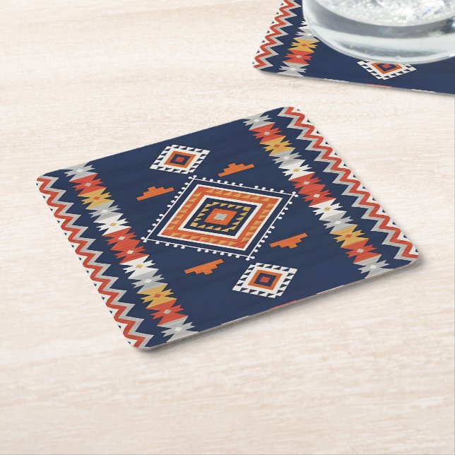 Azure Navy and Terracotta Geometric Tribal  Underlägg Papper Kvadrat (Vinklad)