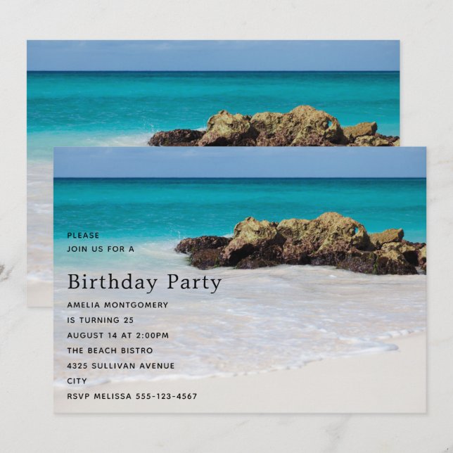 Azure Ocean Sandy Beach Photo Birthday Inbjudningar (Fram/baksida)