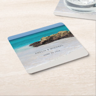 Azure Ocean Sandy Beach Photo Bröllop Underlägg Papper Kvadrat