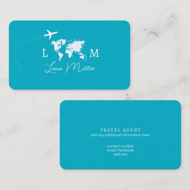 Azure Resebyrå Agent monogram världskarta & plan Visitkort (Fram/baksida)