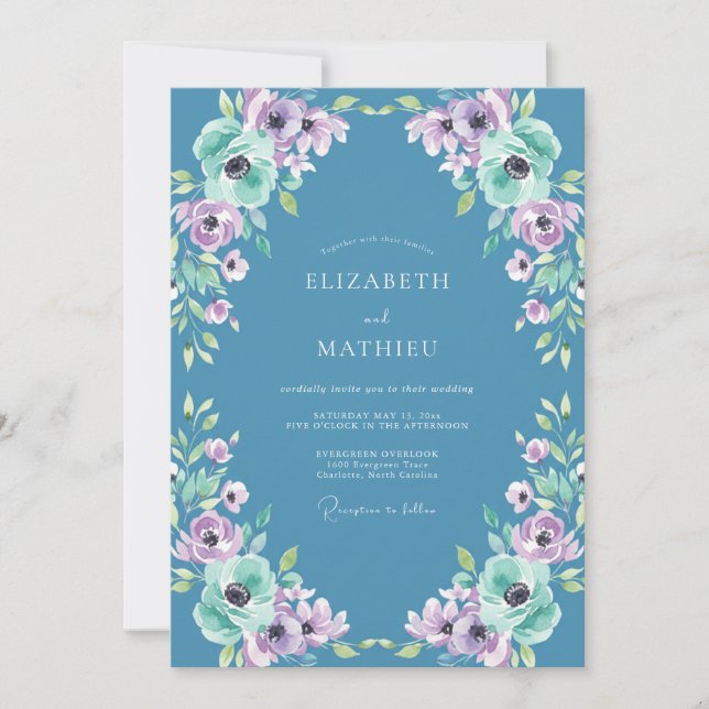 Azure Violett Ranunculus Dusty Eucalyptus Bröllop Inbjudningar (Framsida)