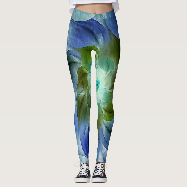Azurit Malakit Flammande Fraktal Blomma Leggings (Framsida)