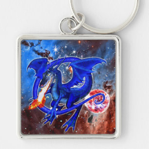 Azurite Cosmic Dragon Fyrkantig Silverfärgad Nyckelring