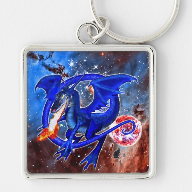 Azurite Cosmic Dragon  Fyrkantig Silverfärgad Nyckelring (Framsidan)