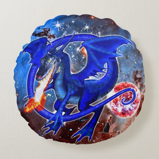 Azurite Cosmic Dragon Rund Kudde (Framsidan)
