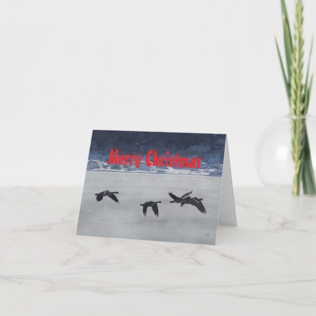 B48 Geese Over Frozen River Christmas Card Tack Kort (Framsida)