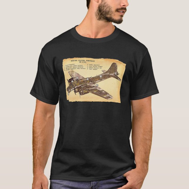 B 17 Bomber WWII Flying Fortress Diagram T Shirt (Framsida)