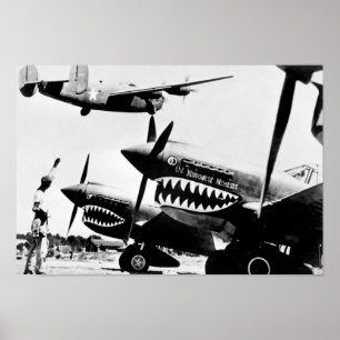B-24 Liberator Flies Past P-40 Fighter Flygplan Poster