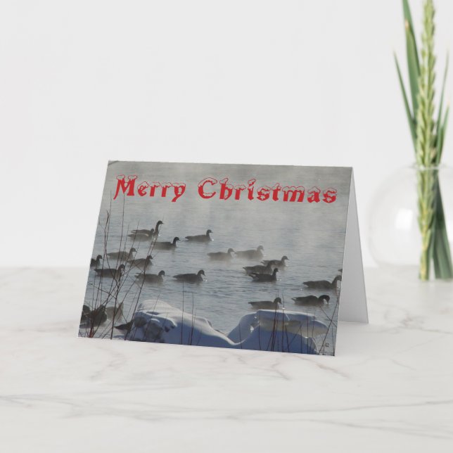 B 49 Canada Geese on Foggy River Christmas Card Tack Kort (Framsida)