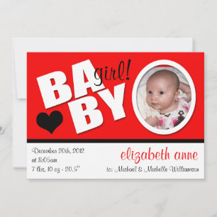 B A B Y Trendig Red Photo Birth Notice Meddelande