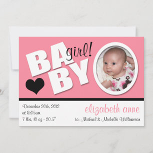 B A B Y Trendig Rosa Photo Birth Notice Meddelande