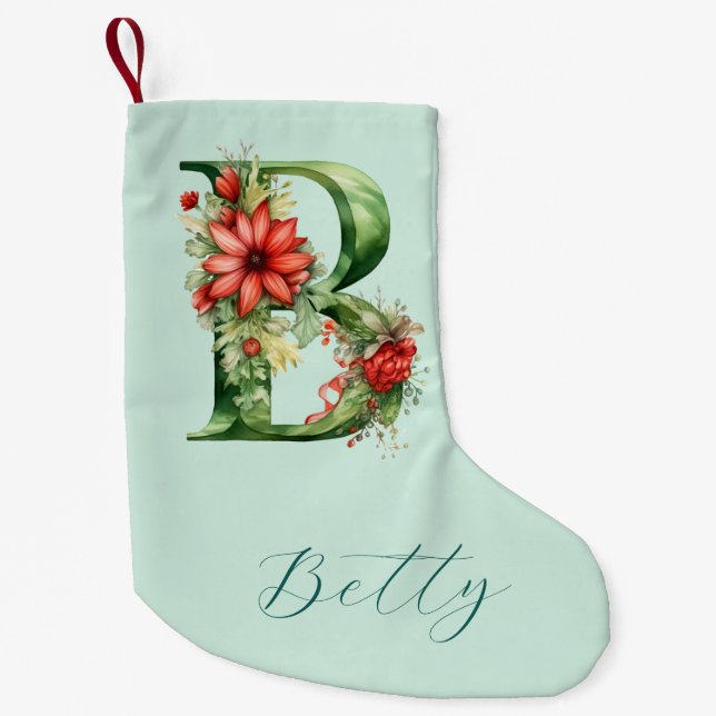 B) Blommigt Monogram Grönt Vattenfärgade Helgdagar Liten Julstrumpa (Framsidan)