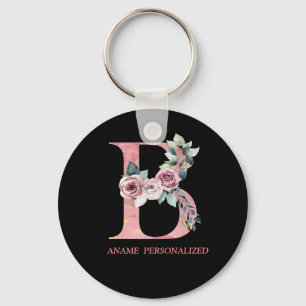 B Blommigt Monogram Namn Brev Rosa Agate Keychain Nyckelring