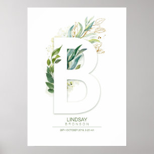B Bokstavsmonogram Guld Grönska Chic Poster