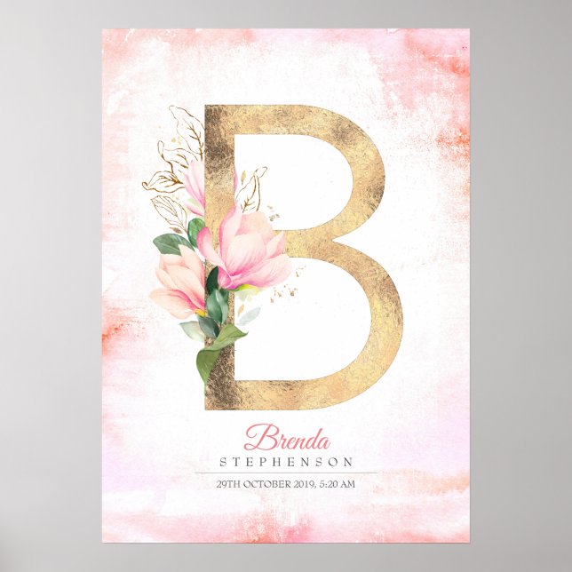 B Bokstavsmonogram Guldblad Rosa Magnolia Blomma Poster (Framsidan)