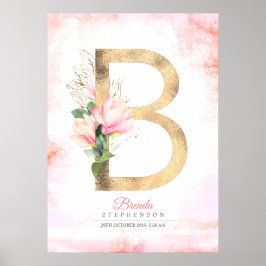 B Bokstavsmonogram Guldblad Rosa Magnolia Blommig Poster