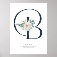 B Bokstavsmonogram Vita Blommor och Grönska