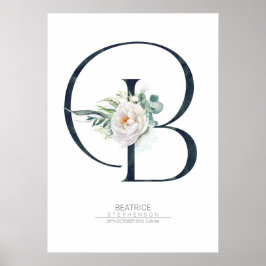 B Bokstavsmonogram Vita Blommor och Grönt Poster
