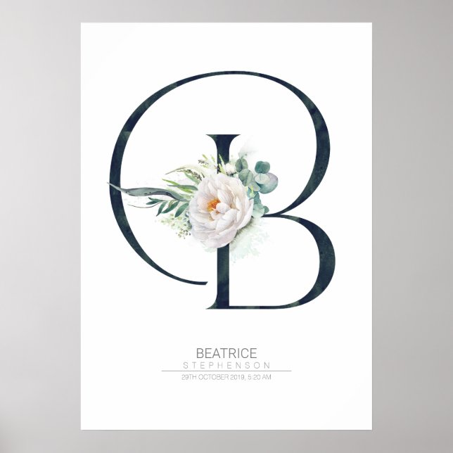 B Bokstavsmonogram Vita Blommor och Grönt Poster (Framsidan)