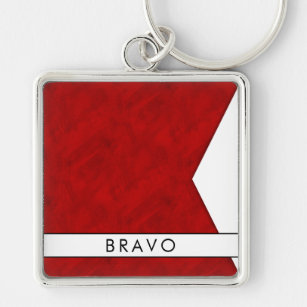 B Bravo Nautical Signal Flagga + ditt namn Fyrkantig Silverfärgad Nyckelring