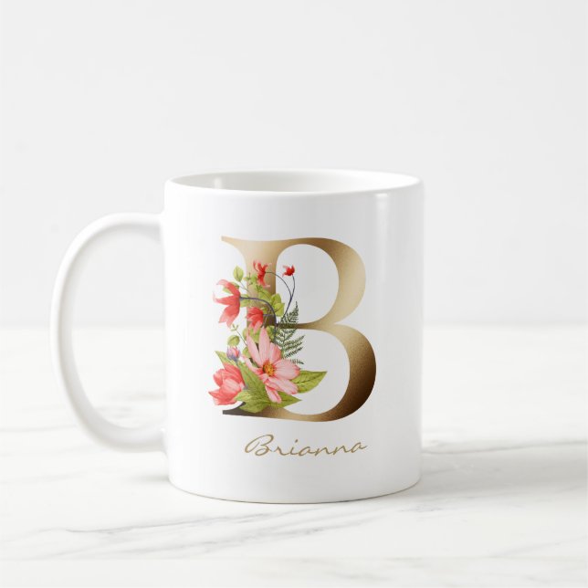 B BREV | Blommigt Guld Monogram Kaffemugg (Vänster)