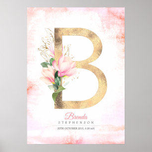 B Brev Monogram Guld Löv Rosa Magnolia Blommigt Poster