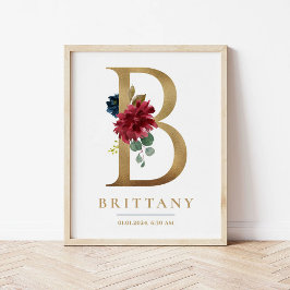 B Brev Monogram Namn Marsala Blommigt Nursery Poster