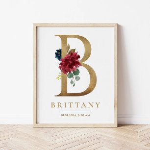 B Brev Monogram Namn Marsala Blommigt Nursery Poster