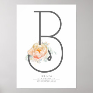 B Brev Monogram  Peach Blommigt Home Decor Poster
