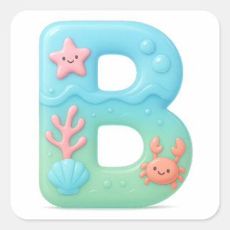 "B" Cute Bubble Letter - Underwater Sea Creature A Fyrkantigt Klistermärke