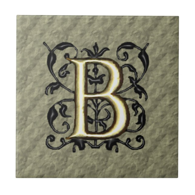 B - Embossed Vintage Monogram (Guld) Kakelplatta (Framsidan)