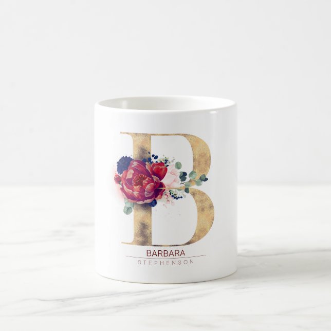 B Monogram Blommigt Burgundy Red and Navy Blue Kaffemugg (Center)
