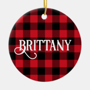 B Monogram Bokstav Buffalo Check Foto Julgransprydnad Keramik