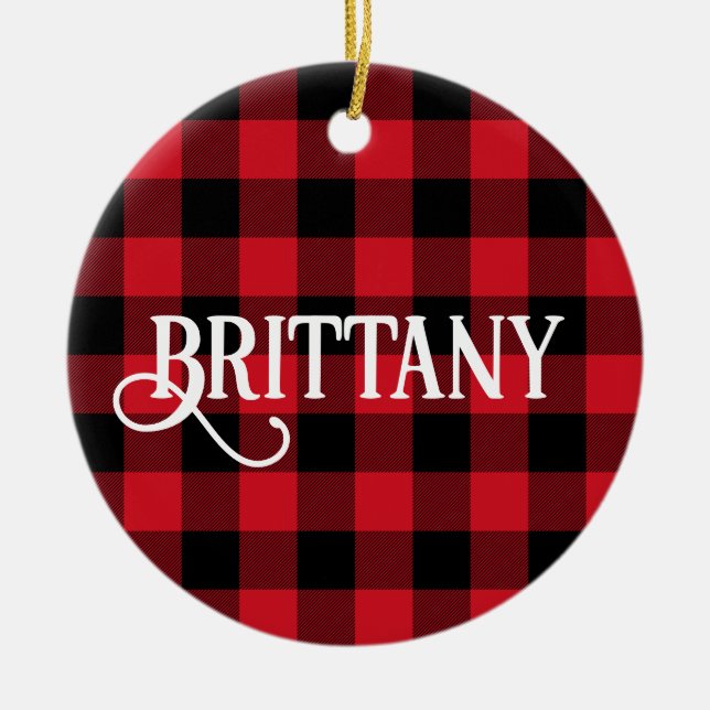 B Monogram Bokstav Buffalo Check Foto Julgransprydnad Keramik (Framsidan)